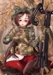  1girl animal_ears arrow bow_(weapon) breasts brown_hair camouflage crossbow eyeshadow fang fingernails gloves hooded_top imaizumi_kagerou jewelry leaf looking_at_viewer makeup nail_polish namashirasu necklace pendant red_eyes scope skirt solo tail touhou weapon wolf_ears wolf_tail 