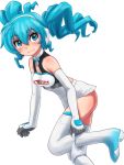  1girl aqua_eyes aqua_hair boots goodsmile_racing hatsune_miku o-minato panties panty_pull racequeen solo thigh-highs thigh_boots twintails underwear vocaloid white_background 