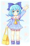  1girl arm_up ascot bag bloomers blue_dress blue_eyes blue_hair bow child cirno daiso dress hair_bow heart ice ice_wings kindergarten_uniform long_sleeves looking_at_viewer mary_janes open_mouth shoes solo touhou underwear wings younger 
