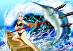  1girl bare_shoulders bikini black_bikini boat braid breasts fish izayoi_sakuya maid_headdress navel open_mouth polearm short_hair silver_hair smile solo surfing swimsuit swordfish tidal_wave touhou trident twin_braids warugaki_(sk-ii) weapon 