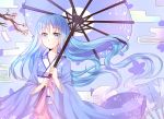  1girl absurdres blue_eyes blue_hair branch cherry_blossoms eyelashes happy heartcatch_precure! highres japanese_clothes kimono kurumi_erika long_hair looking_at_viewer oriental_umbrella precure smile solo tagme umbrella wavy_hair yuxuekeith 