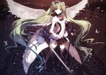  1girl 7th_dragon_2020 absurdly_long_hair butterfly caidychen green_hair hairband hatsune_miku katana long_hair looking_at_viewer sheath skirt solo sword twintails very_long_hair vocaloid weapon white_wings wings 