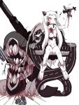  1girl airfield_hime airplane arrow blood bow_(weapon) breasts horns kantai_collection long_hair musical_note ogawa-syou pale_skin red_eyes rough runway shinkaisei-kan solo spoken_musical_note toy weapon white_hair 