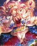  1girl animal_on_shoulder blue_hair bow breasts butterfly cleavage flower gem gradient_hair long_hair looking_at_viewer momoshiki_tsubaki multicolored_hair open_mouth original pink_hair rainbow_gradient red_eyes skirt smile solo staff thigh-highs yellow_eyes zettai_ryouiki 