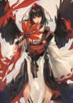  1girl black_hair black_wings fan hat hidden_mouth japanese_clothes kimono kourindou_tengu_costume long_hair long_sleeves looking_at_viewer makai_no_juumin obi pinky_out red_eyes ribbon ribbon-trimmed_sleeves ribbon_trim sash shameimaru_aya tokin_hat touhou traditional_clothes wings 