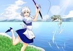  1girl fish fishing fishing_rod izayoi_sakuya looking_at_viewer maid maid_headdress open_mouth silver_hair smile solo touhou warugaki_(sk-ii) water 
