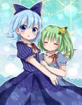 2girls alternate_costume blue_background blue_eyes blue_hair bow cirno closed_eyes daiyousei dress facing_viewer fairy_wings flower gradient gradient_background green_hair hair_bow hair_flower hair_ornament heart looking_at_viewer multiple_girls open_mouth puffy_short_sleeves puffy_sleeves ribbon rose short_hair short_sleeves side_ponytail smile touhou wings yellow_rose yuzuno_(yz_t) 