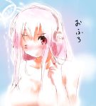  1girl breasts headphones large_breasts long_hair looking_at_viewer nitroplus one_eye_closed pink_hair playing_with_hair red_eyes shower solo super_sonico wink 