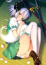  1girl ass blue_eyes blush hug katana konpaku_youmu konpaku_youmu_(ghost) loafers looking_at_viewer lying on_side panties petals shoes short_hair short_sleeves silver_hair skirt solo sword tatami thigh-highs touhou underwear weapon white_legwear white_panties yangsion 