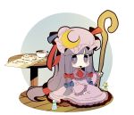  1girl alternate_costume bow brooch chibi coffee crescent hair_bow hat jewelry long_hair natsuno_riku paper patchouli_knowledge potion purple_hair ribbon sitting solo staff table touhou violet_eyes 