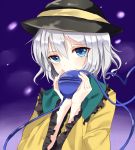  1girl blouse blue_background blue_eyes bust covering_mouth fingernails gradient gradient_background hat hat_ribbon heart heart_of_string komeiji_koishi light_particles long_sleeves looking_at_viewer ribbon rinarisa short_hair silver_hair solo third_eye touhou 