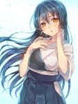  1girl blue_hair blush brown_eyes imomu japanese_clothes long_hair looking_at_viewer love_live!_school_idol_project muneate open_mouth solo sonoda_umi sweat 