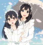  2girls :d :o alternate_costume alternate_hairstyle black_hair blue_eyes blush brown_eyes dress hair_down hairband kitashirakawa_anko kitashirakawa_tamako largo_(largo-hal2001k91) lolita_hairband long_hair mole mole_on_neck multiple_girls open_mouth parasol siblings sisters smile tamako_market tears umbrella white_dress 