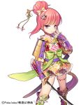  1girl boots bow byulzzimon dress floral_print frills frown hair_bow hair_ornament hair_up hairclip holding_weapon japanese_clothes katana long_sleeves official_art original pink_hair sengoku_gensoukyoku solo standing sword violet_eyes watermark weapon white_background 