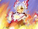 1girl bow fire fujiwara_no_mokou hair_bow hair_ribbon highres juliet_sleeves licking_lips long_hair long_sleeves one_eye_closed open_fly pants puffy_sleeves red_eyes ribbon shinapuu shirt silver_hair sitting smile solo suspenders suspenders_pull touhou tress_ribbon undressing unzipped very_long_hair wink 