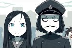  1boy 2girls abyssal_admiral_(kantai_collection) beard black_hair blue_eyes brown_hair comic double_bun facial_hair hat kantai_collection kei-suwabe long_hair multiple_girls mustache naka_(kantai_collection) naval_uniform pale_skin personification photobomb ru-class_battleship shinkaisei-kan short_hair 