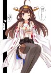  1girl ahoge bare_shoulders blush brown_hair cup detached_sleeves hair_ornament hairband headgear japanese_clothes kantai_collection kongou_(kantai_collection) kouzuki_hajime long_hair one_eye_closed personification saucer sketch skirt smile solo teacup thighhighs wink 