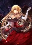  1girl bare_shoulders blonde_hair breasts cleavage dress efe elbow_gloves gloves kiss-shot_acerola-orion_heart-under-blade large_breasts long_hair looking_at_viewer monogatari_(series) smile solo very_long_hair white_gloves yellow_eyes 