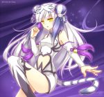  1girl bare_shoulders blue_hair boots china_dress chinese_clothes chisa double_bun dress haku_(p&amp;d) looking_at_viewer multicolored_hair open_mouth puzzle_&amp;_dragons silver_hair solo tail thigh-highs thigh_boots tiger_hair_ornament tiger_tail white_dress yellow_eyes 