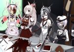  4girls abyssal_admiral_(kantai_collection) apron bare_shoulders black_hair breasts chocolate cyborg dark_persona elbow_gloves female_abyssal_admiral_(kantai_collection) glasses gloves hat headgear highres kantai_collection long_hair multicolored_hair multiple_girls musashi_(kantai_collection) nagato_(kantai_collection) ogawa-syou personification ponytail shinkaisei-kan twintails two-tone_hair valentine yamato_(kantai_collection) 