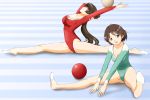  2girls ball blue_eyes brown_hair green_eyes gymnastics kinfuji len-cue leotard long_hair multiple_girls ponytail rhythmic_gymnastics short_hair sitting split yasumi-chan yasumi_(yasumi-chan) 