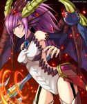 1girl chisa dragon_wings elbow_gloves gloves horns leotard long_hair ponytail purple_hair puzzle_&amp;_dragons solo sonia_(p&amp;d) violet_eyes wings 