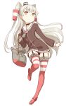  1girl amatsukaze_(kantai_collection) blush brown_eyes garter_straps gloves highres kantai_collection long_hair looking_at_viewer nagian red_legwear rensouhou-kun school_uniform serafuku silver_hair simple_background single_glove solo striped striped_legwear thigh-highs twintails white_background white_gloves 