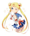  1girl bishoujo_senshi_sailor_moon blonde_hair blue_eyes blue_skirt blush bow double_bun gloves highres long_hair looking_at_viewer magical_girl migihidari_morimori one_eye_closed sailor_moon simple_background skirt solo star tiara tsukino_usagi twintails very_long_hair white_background white_gloves wink 