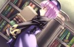  1girl 2012 agarest_senki agarest_senki_(series) book carrying company_name copyright_name dutch_angle frown game_cg hat highres hirano_katsuyuki library official_art purple_hair purple_skirt red_eyes ryuryu short_hair skirt solo sweat 