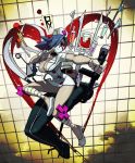  +_+ 1girl alex_ahad bandages blood blue_hair body_bag breasts cleavage dress fighting_stance gloves hair_over_one_eye hat heart highres intravenous_drip large_breasts mask nurse nurse_cap official_art red_eyes revision saw scalpel short_dress skullgirls solo stethoscope sword symbol-shaped_pupils syringe valentine_(skullgirls) weapon 