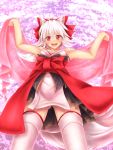  1girl animal_ears bare_shoulders dog_ears hozenkakari original red_eyes smile solo tagme thigh-highs white_hair zettai_ryouiki 