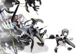  2girls bow bow_(weapon) brown_hair chasing crossbow dark_persona hair_bow headband headgear kantai_collection long_hair mamiya_(kantai_collection) multiple_girls ogawa-syou personification rough shinkaisei-kan short_hair skirt smile taihou_(kantai_collection) thigh-highs weapon white_background 