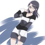  1girl alternate_hair_length alternate_hairstyle blue_eyes eyelashes gacchahero glasses hair_ornament hairclip happy heartcatch_precure! looking_at_viewer precure purple_hair short_hair sketch smile solo striped striped_sweater sweater sweater_dress tsukikage_yuri 