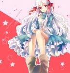  1girl dress highres kagerou_project kozakura_mary long_hair looking_at_viewer red_eyes silver_hair teka 