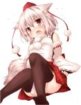  1girl animal_ears bare_shoulders blush brown_legwear detached_sleeves fang floral_print flying_sweatdrops hat hat_ribbon inubashiri_momiji inyucchi long_sleeves open_mouth red_eyes ribbon shirt simple_background sitting skirt solo tail thighhighs touhou white_background wide_sleeves wolf_ears wolf_tail 