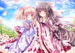  2girls black_hair blonde_hair blue_dress blue_eyes blue_sky blush bow detached_sleeves dress flower frills frown hair_bow japanese_clothes kimono long_hair long_sleeves looking_at_viewer multiple_girls nogi_takayoshi original petals pink_dress red_eyes sky twintails 