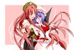 2girls ^_^ ascot blue_hair blush closed_eyes fangs hasebe_akira hat highres holding_hands hong_meiling long_hair multiple_girls open_mouth red_eyes redhead remilia_scarlet short_hair star touhou very_long_hair wrist_cuffs 