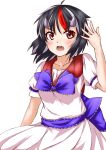  1girl absurdres blush bow collarbone doanobumogeta dress fang fingernails highres horns kijin_seija looking_at_viewer multicolored_hair open_mouth raised_hand red_eyes sash short_hair short_sleeves simple_background solo touhou white_background 