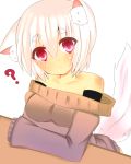  1girl :&lt; ? animal_ears bare_shoulders blush breasts collarbone contemporary inubashiri_momiji looking_at_viewer red_eyes shiroi_kuroro short_hair silver_hair simple_background solo tail touhou white_background wolf_ears wolf_tail 