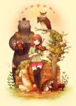  1girl accordion bear bird cat dog flower highres instrument long_hair megumu original owl pan_flute piano skirt smile solo thigh-highs tree trumpet violet_eyes violin 