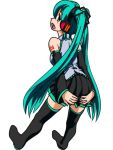  1girl boots detached_sleeves from_behind green_eyes green_hair hatsune_miku headphones long_hair o-minato open_mouth skirt solo thigh-highs thigh_boots twintails very_long_hair vocaloid white_background 