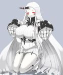 1girl blush breasts claws detached_sleeves dress highres horn kantai_collection large_breasts long_hair marimo_maru pale_skin red_eyes ribbed_dress seaport_hime shinkaisei-kan sideboob solo very_long_hair white_hair 