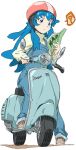  1girl ? blue_eyes blue_hair driving english happinesscharge_precure! helmet long_hair map motor_vehicle motorcycle overalls precure scooter shirayuki_hime shoes simple_background solo umanosuke vehicle vespa white_background 