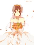  1girl bouquet bridal_veil bride dress elbow_gloves flower gloves hair_ornament hairclip highres jewelry kagerou_project kiichigo_(k-15) looking_at_viewer necklace petals solo tateyama_ayano veil wedding_dress 