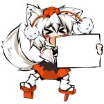  &gt;_&lt; 1girl animal_ears bare_shoulders blush blush_stickers can&#039;t_show_this detached_sleeves fang hat inubashiri_momiji narumiya open_mouth pom_pom_(clothes) shirt short_hair silver_hair simple_background solo tagme tail touhou white_background white_shirt wolf_ears wolf_tail 
