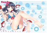  1girl barefoot bikini black_hair blue_bikini blue_eyes blush candy fish flower goldfish hair_flower hair_ornament hibiscus holding long_hair original small_breasts smile solo swimsuit tachibana_yuu 