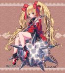  1girl blonde_hair blush bow bracelet chain character_request detached_sleeves dress fuji_minako hair_bow high_heels holding_weapon jewelry long_hair long_sleeves red_eyes sitting smile solo twintails unmei_no_clan_battle 