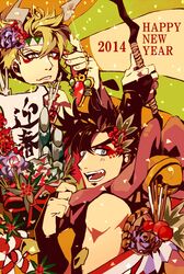  2014 2boys bell blonde_hair bow bow_(weapon) brown_hair caesar_anthonio_zeppeli eyeliner flower jojo_no_kimyou_na_bouken joseph_joestar_(young) makeup multiple_boys new_year red_stone_of_aja sakaikurinea scarf weapon 