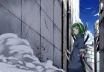  1girl blood blood_splatter building clouds goggles goggles_on_head green_eyes green_hair gumi highres looking_at_viewer short_hair skirt sky solo sword vocaloid weapon yamatoba 