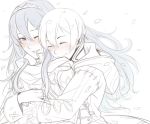  1boy 1girl ^_^ arm_up blue_eyes blue_hair blush cape closed_eyes couple eyes fingerless_gloves fire_emblem fire_emblem:_kakusei gloves hair_between_eyes hetero hooded_jacket hug hug_from_behind jacket long_hair long_sleeves lucina mark_(fire_emblem) monochrome nintendo one_eye_closed parted_lips petals rough simple_background smile spot_color tiara tusia white_hair wink 